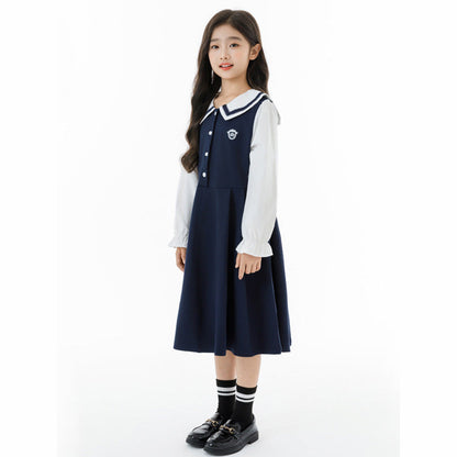 MyKids-USA® Long Sleeves Color Patchwork Preppy One-Piece Navy Collar Dress for Stylish Girls