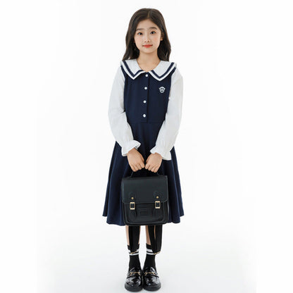 MyKids-USA® Long Sleeves Color Patchwork Preppy One-Piece Navy Collar Dress for Stylish Girls