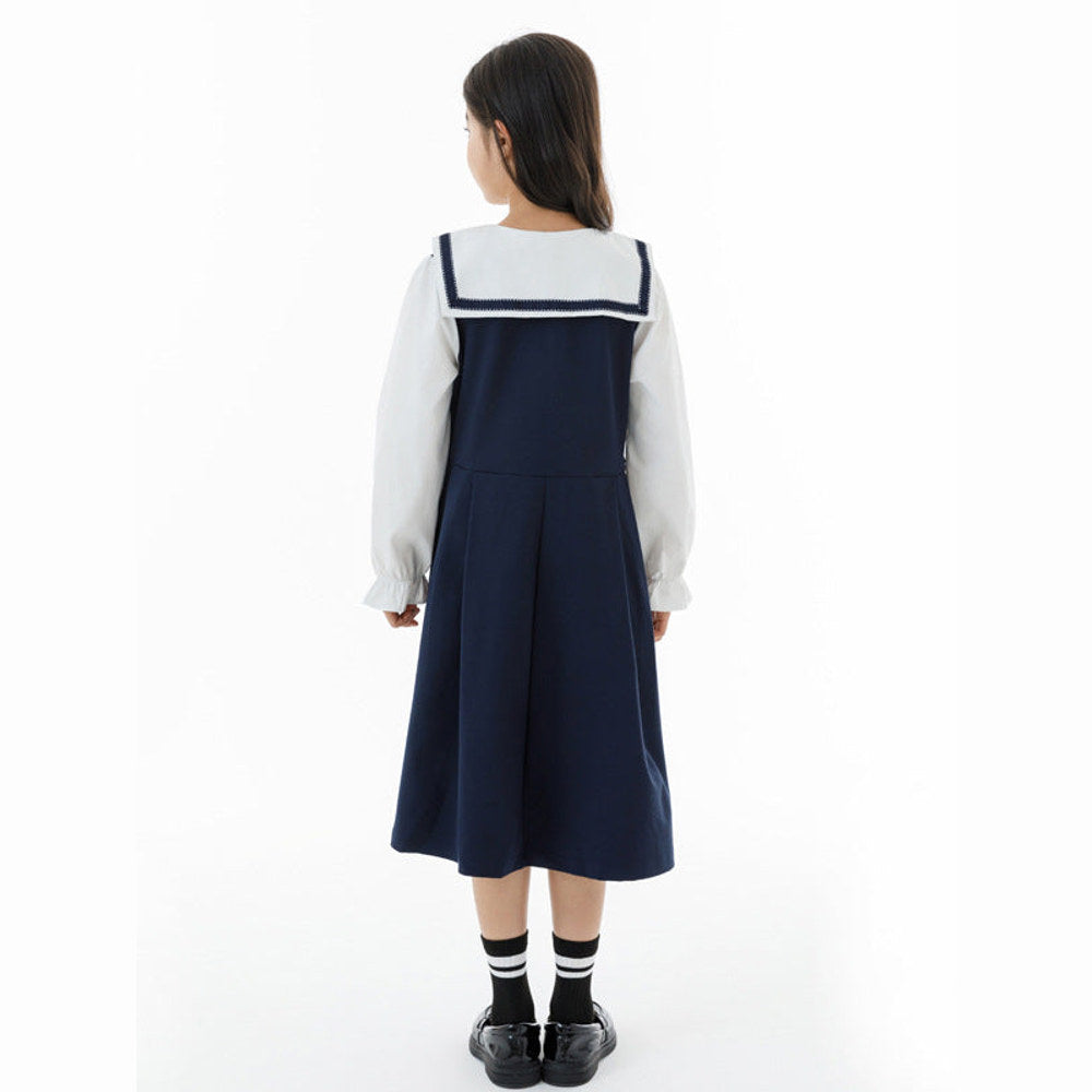 MyKids-USA® Long Sleeves Color Patchwork Preppy One-Piece Navy Collar Dress for Stylish Girls