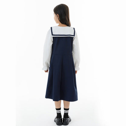 MyKids-USA® Long Sleeves Color Patchwork Preppy One-Piece Navy Collar Dress for Stylish Girls