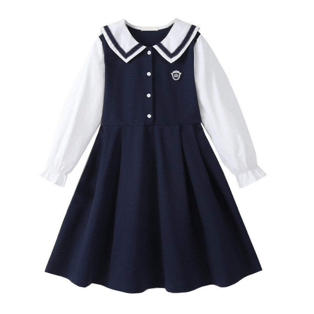 MyKids-USA® Long Sleeves Color Patchwork Preppy One-Piece Navy Collar Dress for Stylish Girls