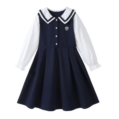 MyKids-USA® Long Sleeves Color Patchwork Preppy One-Piece Navy Collar Dress for Stylish Girls