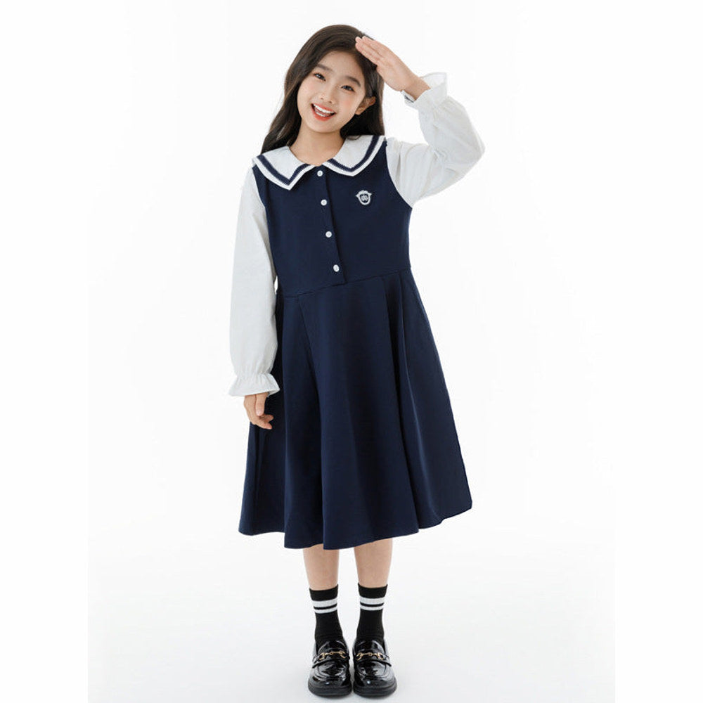 MyKids-USA® Long Sleeves Color Patchwork Preppy One-Piece Navy Collar Dress for Stylish Girls