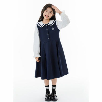MyKids-USA® Long Sleeves Color Patchwork Preppy One-Piece Navy Collar Dress for Stylish Girls