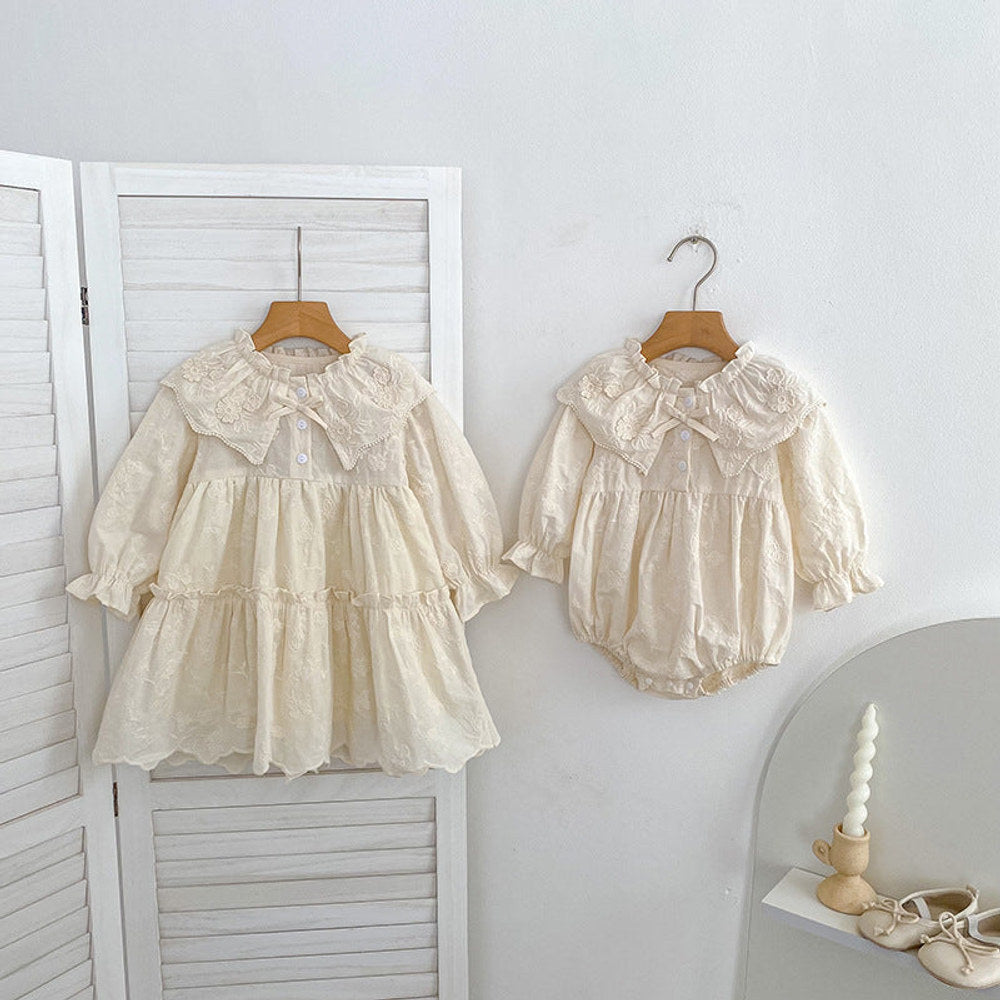 MyKids-USA® Baby Girls Flowers Pattern Long-sleeved Peter Pan Collar Onesies and Dress – Princess Sister Matching Set