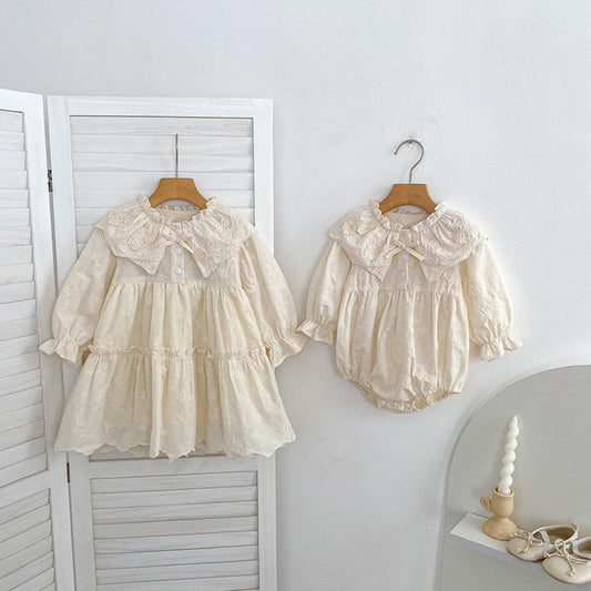 MyKids-USA® Baby Girls Flowers Pattern Long-sleeved Peter Pan Collar Onesies and Dress – Princess Sister Matching Set