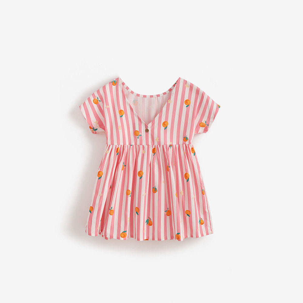 MyKids-USA® Cute Fruits and Striped Pattern Short Sleeves Dress for Stylish Girls