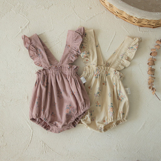MyKids-USA® Baby Girls Sleeveless Flowers Pattern Vintage Corduroy Bodysuit