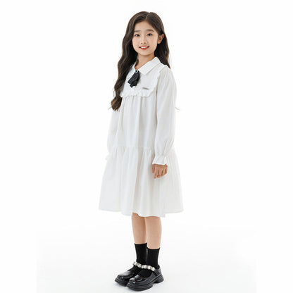 MyKids-USA® Long Sleeves Tie-Dyed White Preppy One-Piece Dress for Stylish Girls