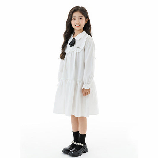 MyKids-USA® Long Sleeves Tie-Dyed White Preppy One-Piece Dress for Stylish Girls
