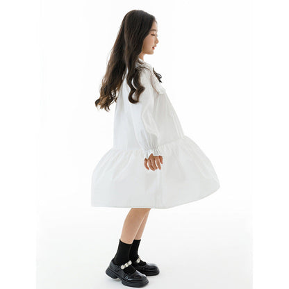 MyKids-USA® Long Sleeves Tie-Dyed White Preppy One-Piece Dress for Stylish Girls