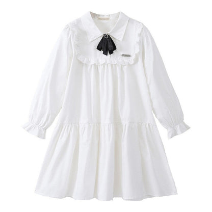 MyKids-USA® Long Sleeves Tie-Dyed White Preppy One-Piece Dress for Stylish Girls
