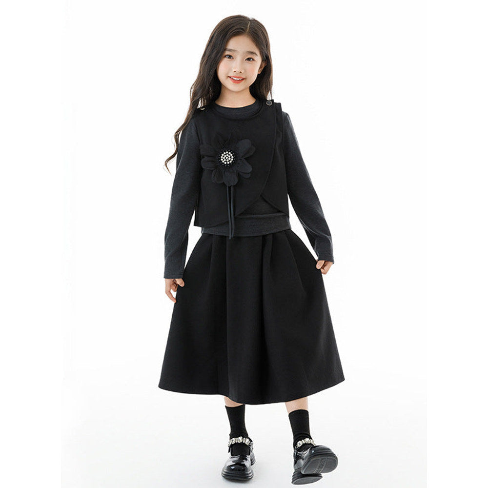 MyKids-USA® Kids Girls Grey Top, Black Sleeveless Vest and Skirt Clothing Set