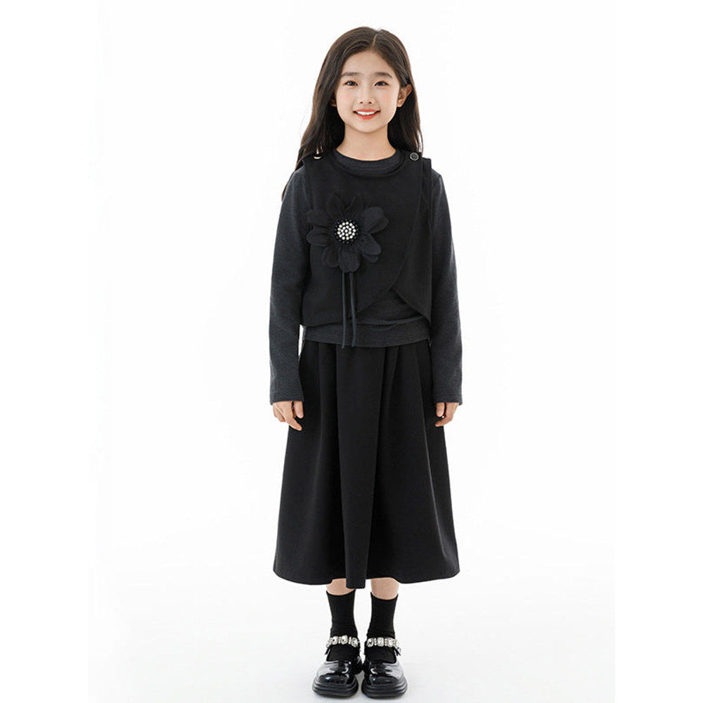 MyKids-USA® Kids Girls Grey Top, Black Sleeveless Vest and Skirt Clothing Set