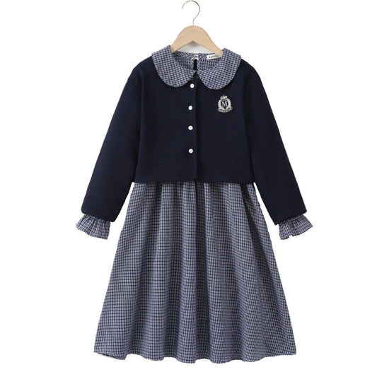 Arrival Autumn Kids Girls Long Sleeves Houndstooth Dress and Preppy Coat Clothing Set