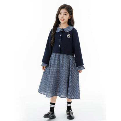 MyKids-USA® Kids Girls Long Sleeves Houndstooth Dress and Preppy Coat Clothing Set