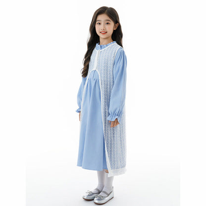 MyKids-USA® Kids Girls Long Sleeves Solid Color Blue Dress and Hollow-out Vest Clothing Set