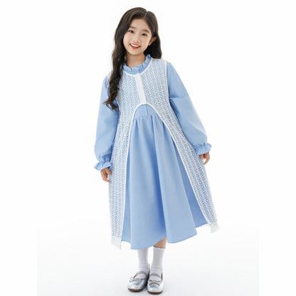 MyKids-USA® Kids Girls Long Sleeves Solid Color Blue Dress and Hollow-out Vest Clothing Set
