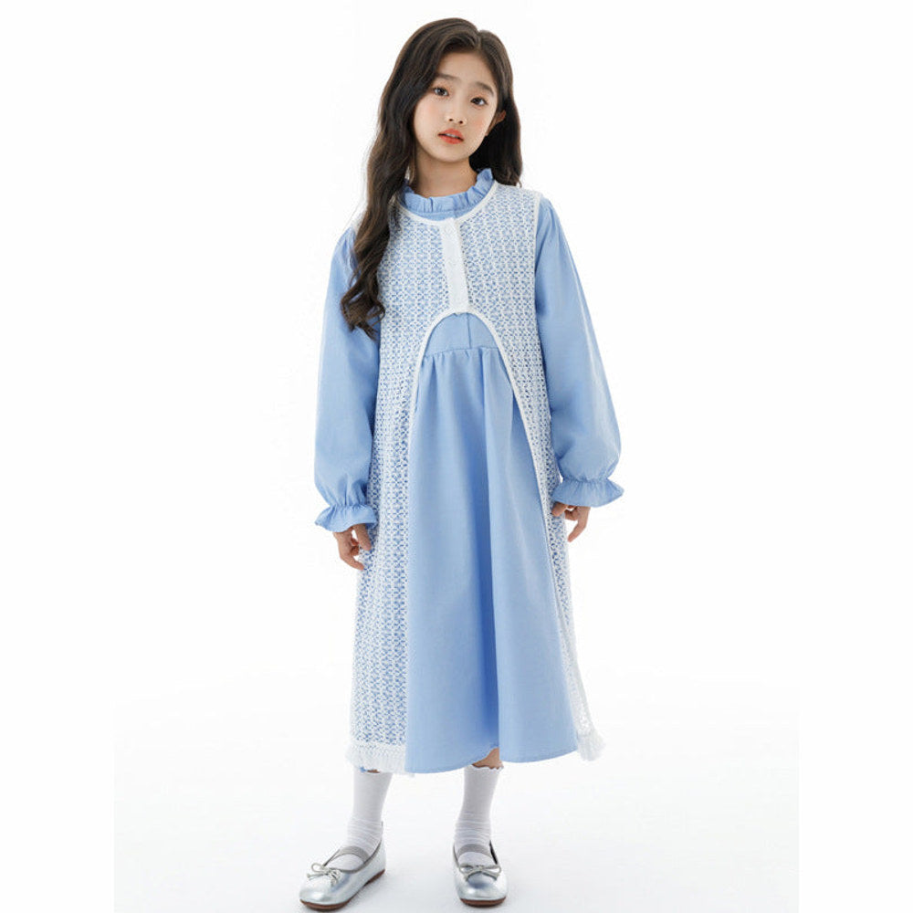 MyKids-USA® Kids Girls Long Sleeves Solid Color Blue Dress and Hollow-out Vest Clothing Set