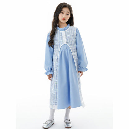 MyKids-USA® Kids Girls Long Sleeves Solid Color Blue Dress and Hollow-out Vest Clothing Set