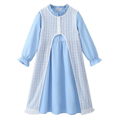 MyKids-USA® Kids Girls Long Sleeves Solid Color Blue Dress and Hollow-out Vest Clothing Set