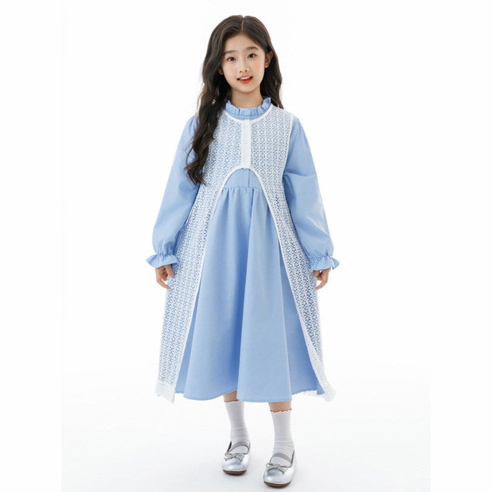 MyKids-USA® Kids Girls Long Sleeves Solid Color Blue Dress and Hollow-out Vest Clothing Set