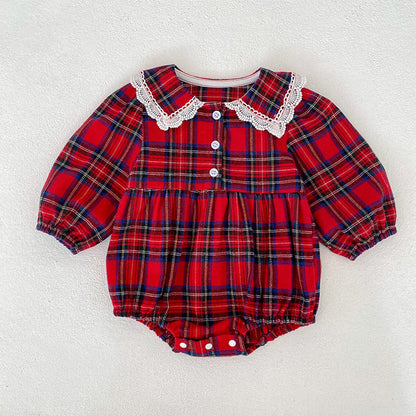 MyKids-USA® Baby Girls Plaid Pattern Long-sleeved Turn-down Collar Onesies and Dress – Princess Sister Matching Set