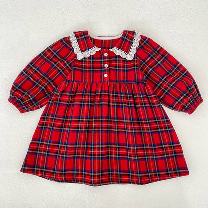 MyKids-USA® Baby Girls Plaid Pattern Long-sleeved Turn-down Collar Onesies and Dress – Princess Sister Matching Set