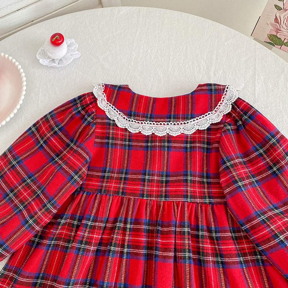 MyKids-USA® Baby Girls Plaid Pattern Long-sleeved Turn-down Collar Onesies and Dress – Princess Sister Matching Set