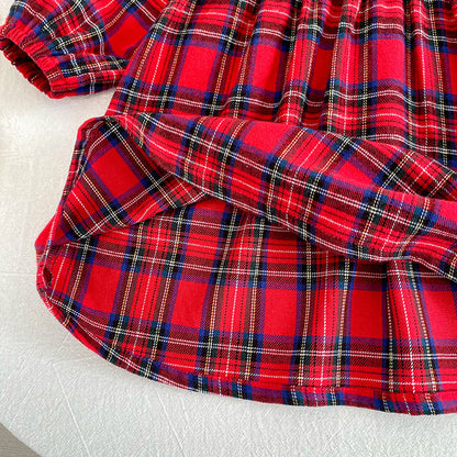 MyKids-USA® Baby Girls Plaid Pattern Long-sleeved Turn-down Collar Onesies and Dress – Princess Sister Matching Set