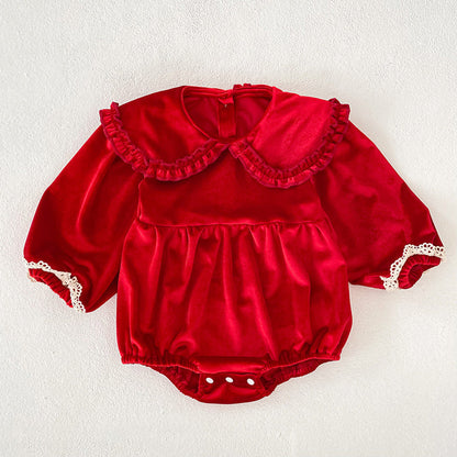 MyKids-USA® Baby Girls Plain Lace Trim Long-sleeved Peter Pan Collar Bodysuit and Dress – Princess Sister Matching Set