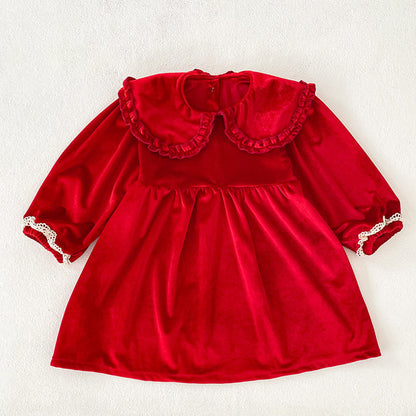 MyKids-USA® Baby Girls Plain Lace Trim Long-sleeved Peter Pan Collar Bodysuit and Dress – Princess Sister Matching Set