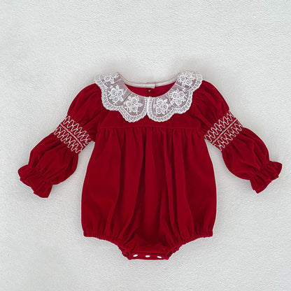 MyKids-USA® Baby Girls Lace Trim Collar Long-sleeved Bodysuit and Dress – Princess Sister Matching Set