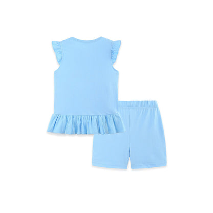 Mykids-USA Arrival Summer Baby Kids Girls Fly Sleeves Cartoon Pattern Vest and Shorts Clothing Set