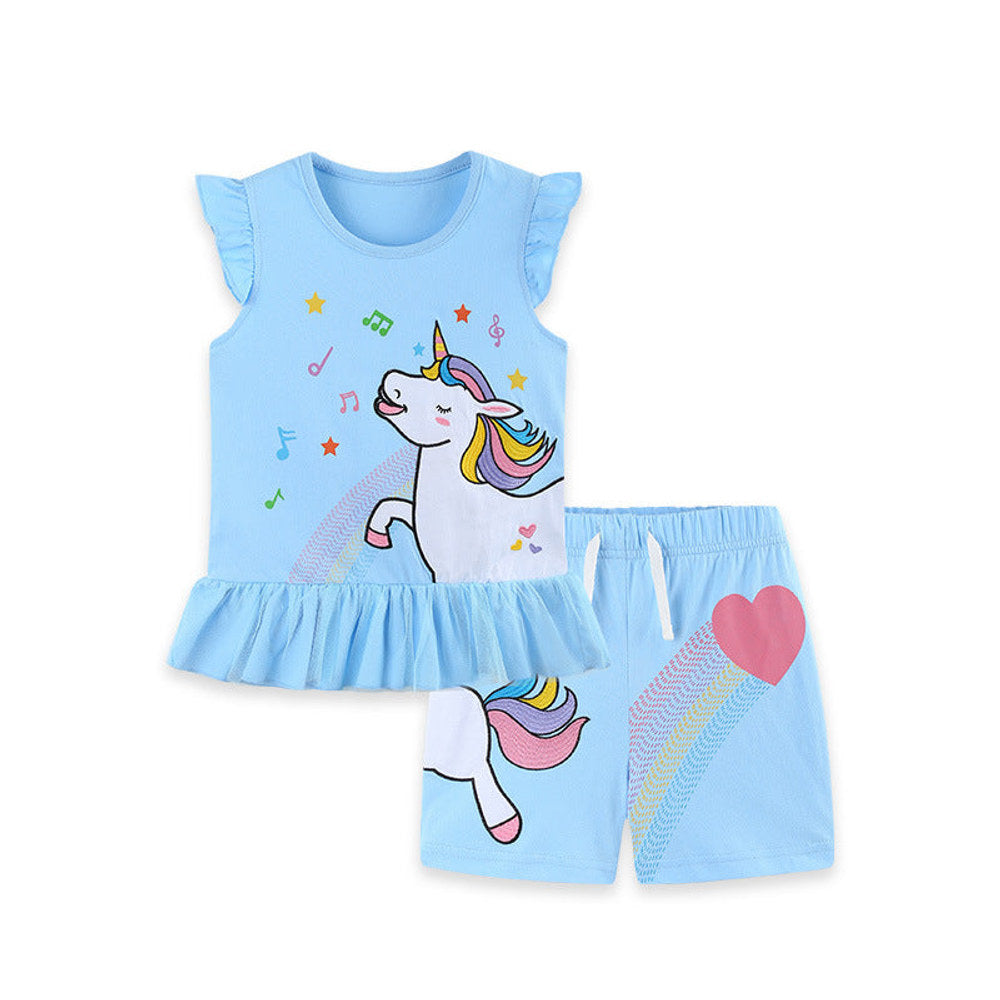 Mykids-USA Arrival Summer Baby Kids Girls Fly Sleeves Cartoon Pattern Vest and Shorts Clothing Set