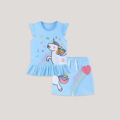 Mykids-USA Arrival Summer Baby Kids Girls Fly Sleeves Cartoon Pattern Vest and Shorts Clothing Set
