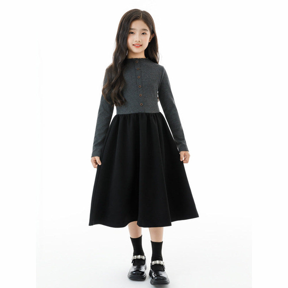 MyKids-USA® Long Sleeves Color Patchwork One-Piece Dress for Stylish Girls