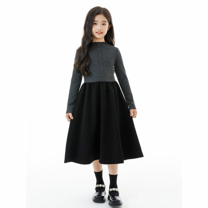 MyKids-USA® Long Sleeves Color Patchwork One-Piece Dress for Stylish Girls
