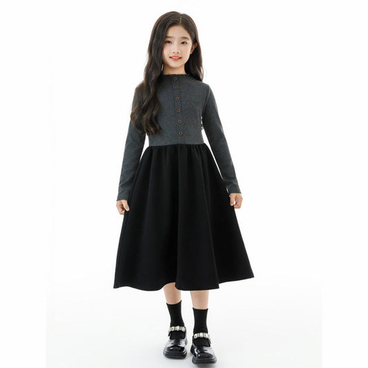 MyKids-USA Autumn Arrival Long Sleeves Color Patchwork One-Piece Dress for Stylish Girls