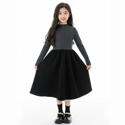 MyKids-USA® Long Sleeves Color Patchwork One-Piece Dress for Stylish Girls