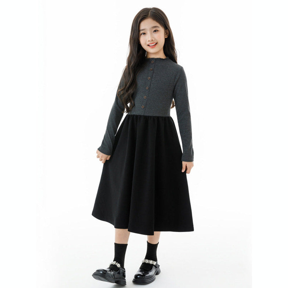 MyKids-USA® Long Sleeves Color Patchwork One-Piece Dress for Stylish Girls