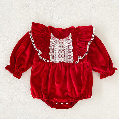 MyKids-USA® Baby Girls Lace Trim Long-sleeved Red Onesies or Dress – Princess Sister Matching