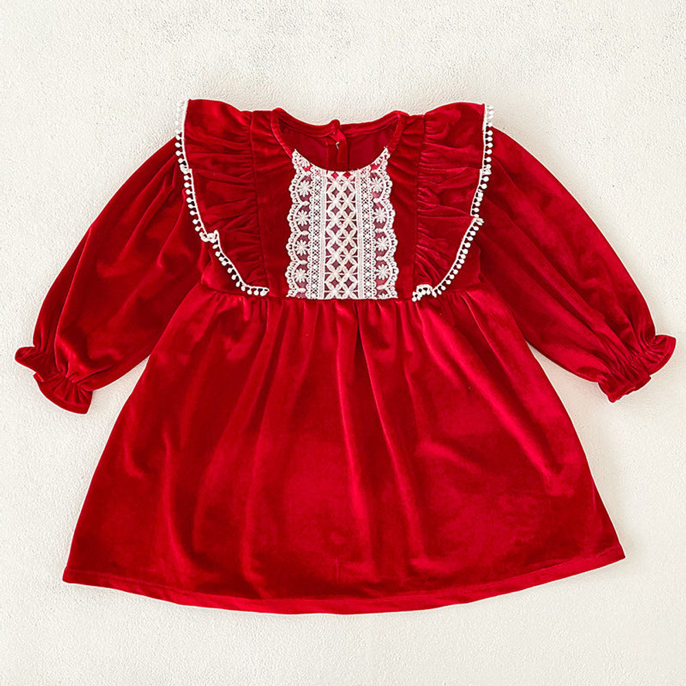 MyKids-USA® Baby Girls Lace Trim Long-sleeved Red Onesies or Dress – Princess Sister Matching