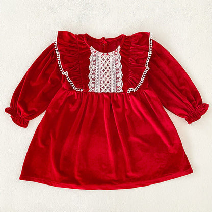MyKids-USA® Baby Girls Lace Trim Long-sleeved Red Onesies or Dress – Princess Sister Matching