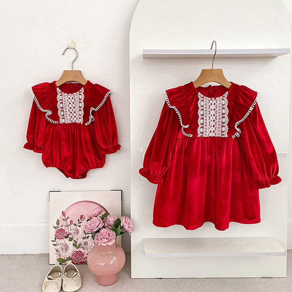 MyKids-USA® Baby Girls Lace Trim Long-sleeved Red Onesies or Dress – Princess Sister Matching