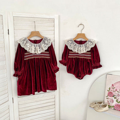 MyKids-USA® Baby Girls Lace Trim Collar Long-sleeved Bodysuit or Dress – Princess Sister Matching