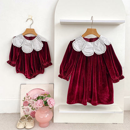 MyKids-USA® Baby Girls Long-sleeved Color Patchwork Flowers Collar Red Bodysuit or Dress – Princess Sister Matching