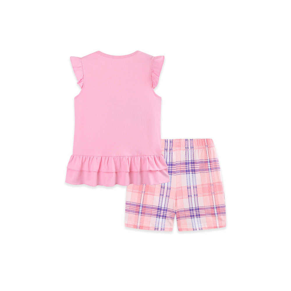 MyKids-USA® Arrival Summer Baby Kids Girls Fly Sleeves Cartoon Pattern Vest and Plaid Shorts Clothing Set