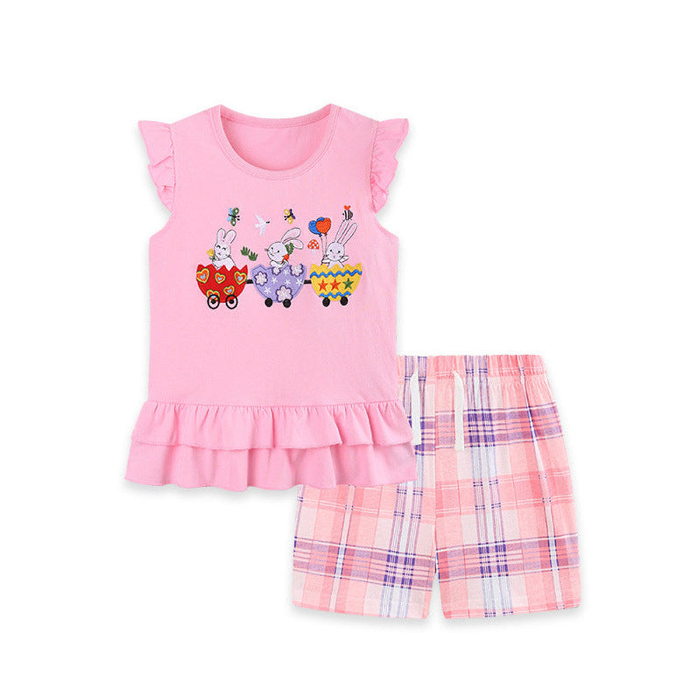 MyKids-USA® Arrival Summer Baby Kids Girls Fly Sleeves Cartoon Pattern Vest and Plaid Shorts Clothing Set