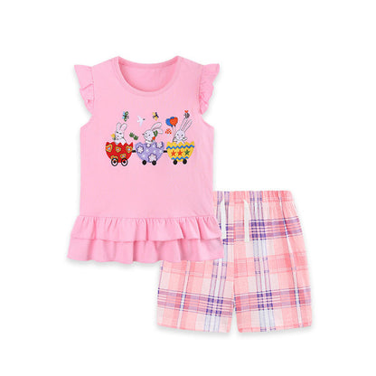 MyKids-USA® Arrival Summer Baby Kids Girls Fly Sleeves Cartoon Pattern Vest and Plaid Shorts Clothing Set